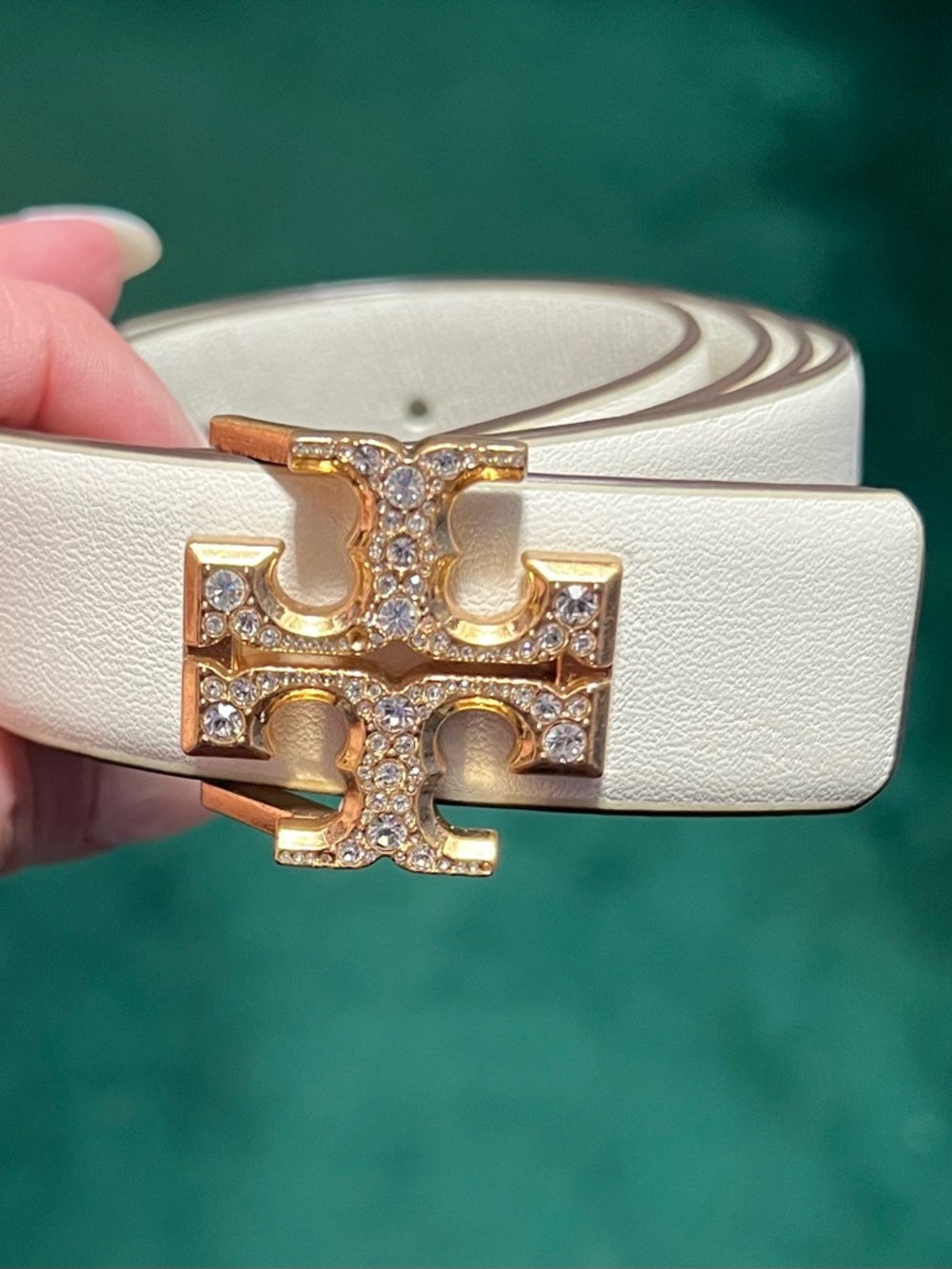 Tory Burch White Leather Logo Belt with Crystal Rose Gold Buckle
